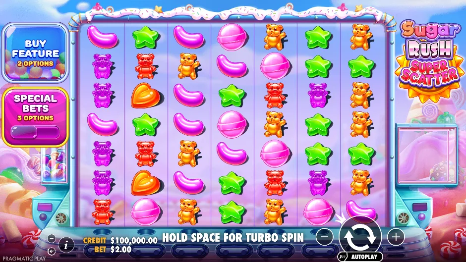 Sugar Rush Super Scatter actual demo controls, with the full title visible Sugar Rush Super Scatter actual demo controls, with the full title visible